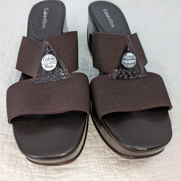 Vintage 1990s y2k Calvin Klein Leather Sandals Brown Logo Wedge Size 7 - Picture 4 of 12